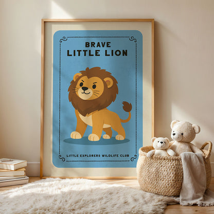 a framed poster of a lion, a stuffed bear, and a woven basket with a blanket, all placed on a rug.