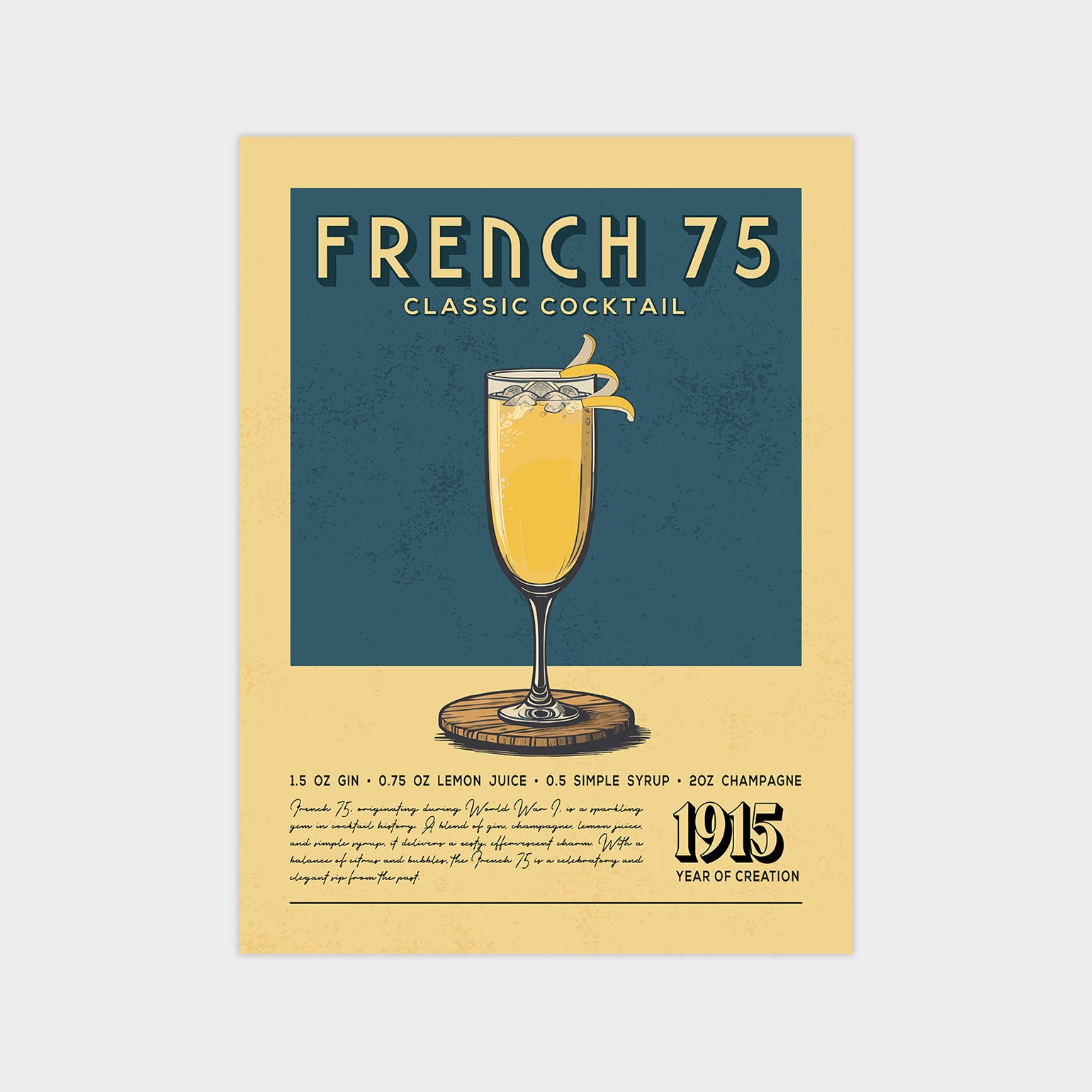 French 75 - Classic Cocktail Poster - 12x16” | 20x25cm / Wrapped Canvas