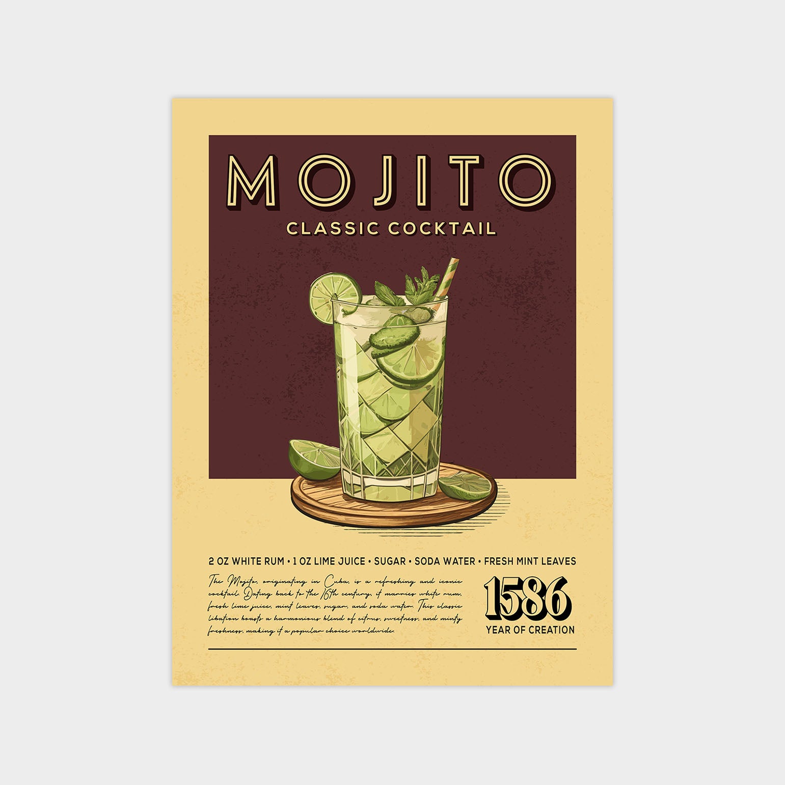 Mojito - Classic Cocktail Poster - 12x16” | 20x25cm / Wrapped Canvas