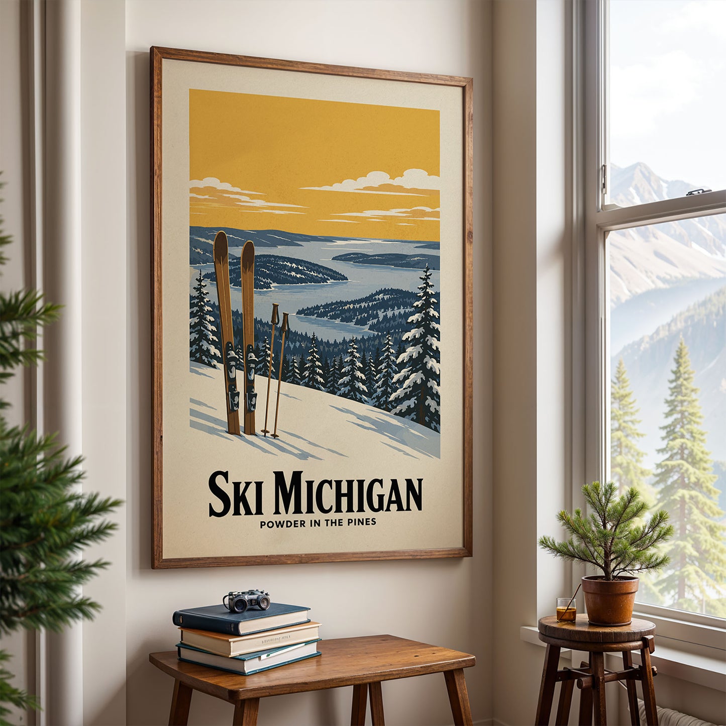 A framed poster of a snowy mountain landscape with skis and pine trees hangs on a wall, with a small table and a potted plant in front of it.