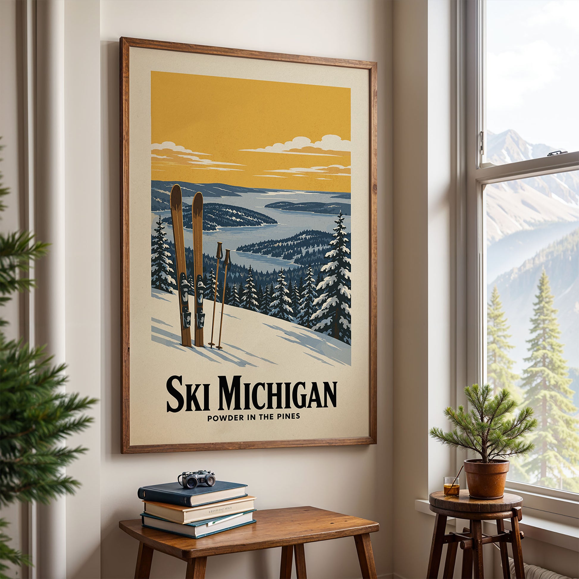 A framed poster of a snowy mountain landscape with skis and pine trees hangs on a wall, with a small table and a potted plant in front of it.