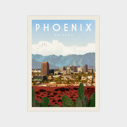 A poster depicting the skyline of Phoenix, Arizona, with mountains in the background and a desert landscape in the foreground.