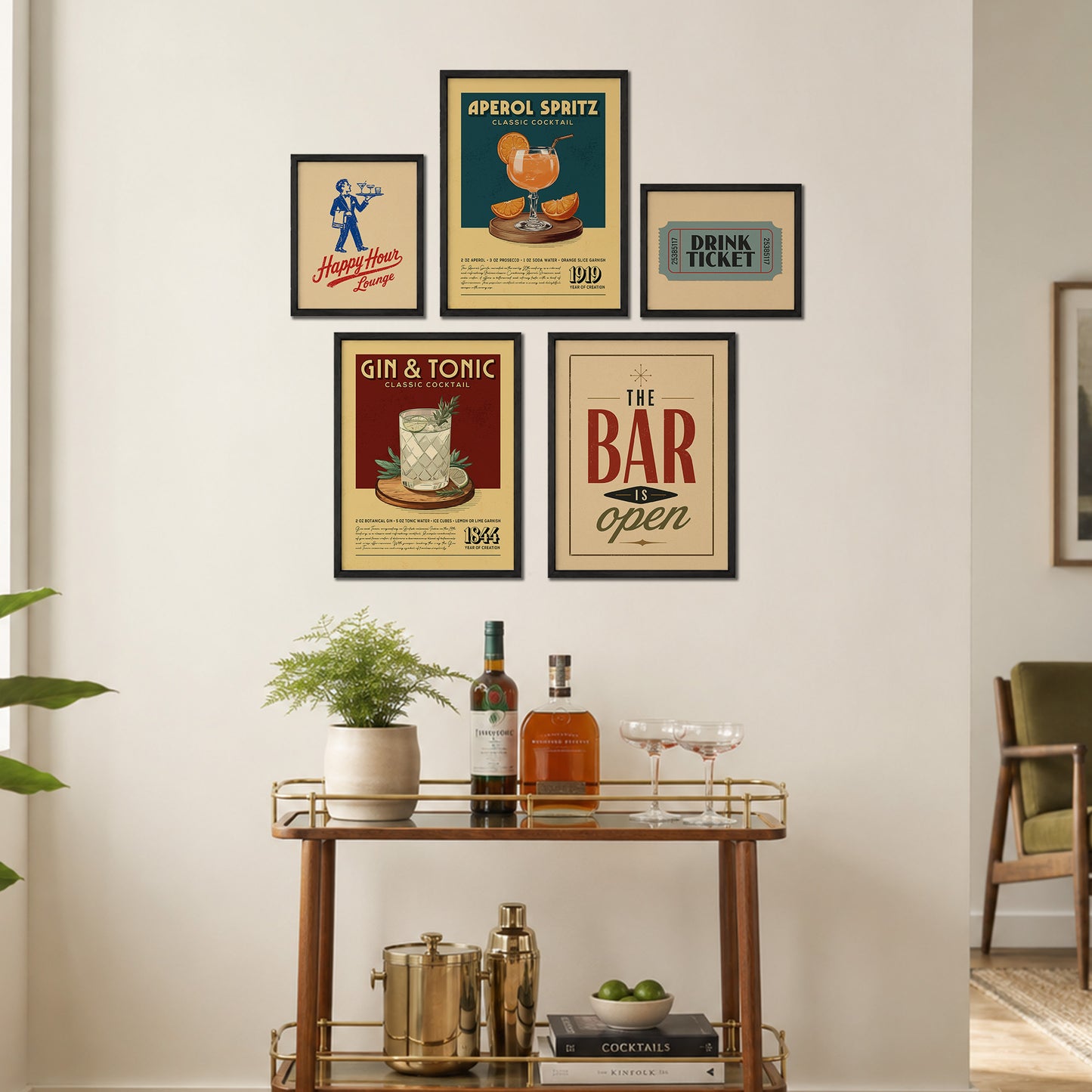 a wall display with framed vintage advertisements for a bar and a cocktail bar, along with a wooden bar cart and various cocktail ingredients and accessories.