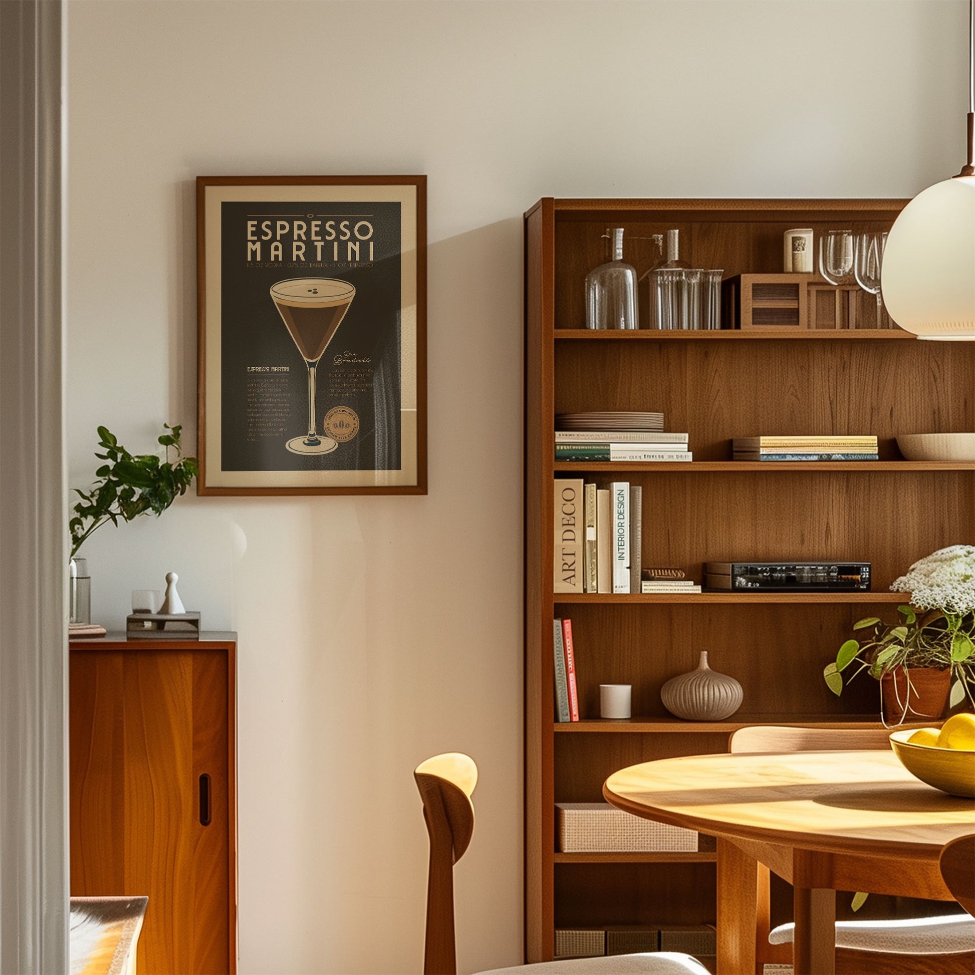 a cozy living room with a wooden bookshelf, a framed poster of an espresso martini, and a wooden cabinet. The room has a warm and inviting atmosphere, with natural light streaming in from a window.