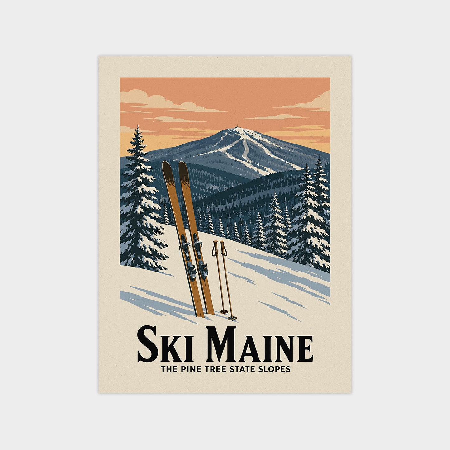 A vintage-style poster depicting a snowy mountain landscape with ski equipment, including skis and ski poles, in the foreground.