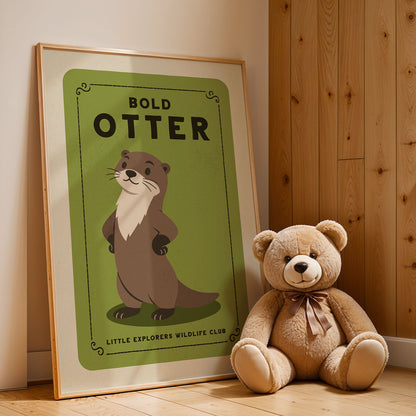 A framed poster of an otter is leaning against a wooden wall, with a teddy bear sitting next to it on the floor.