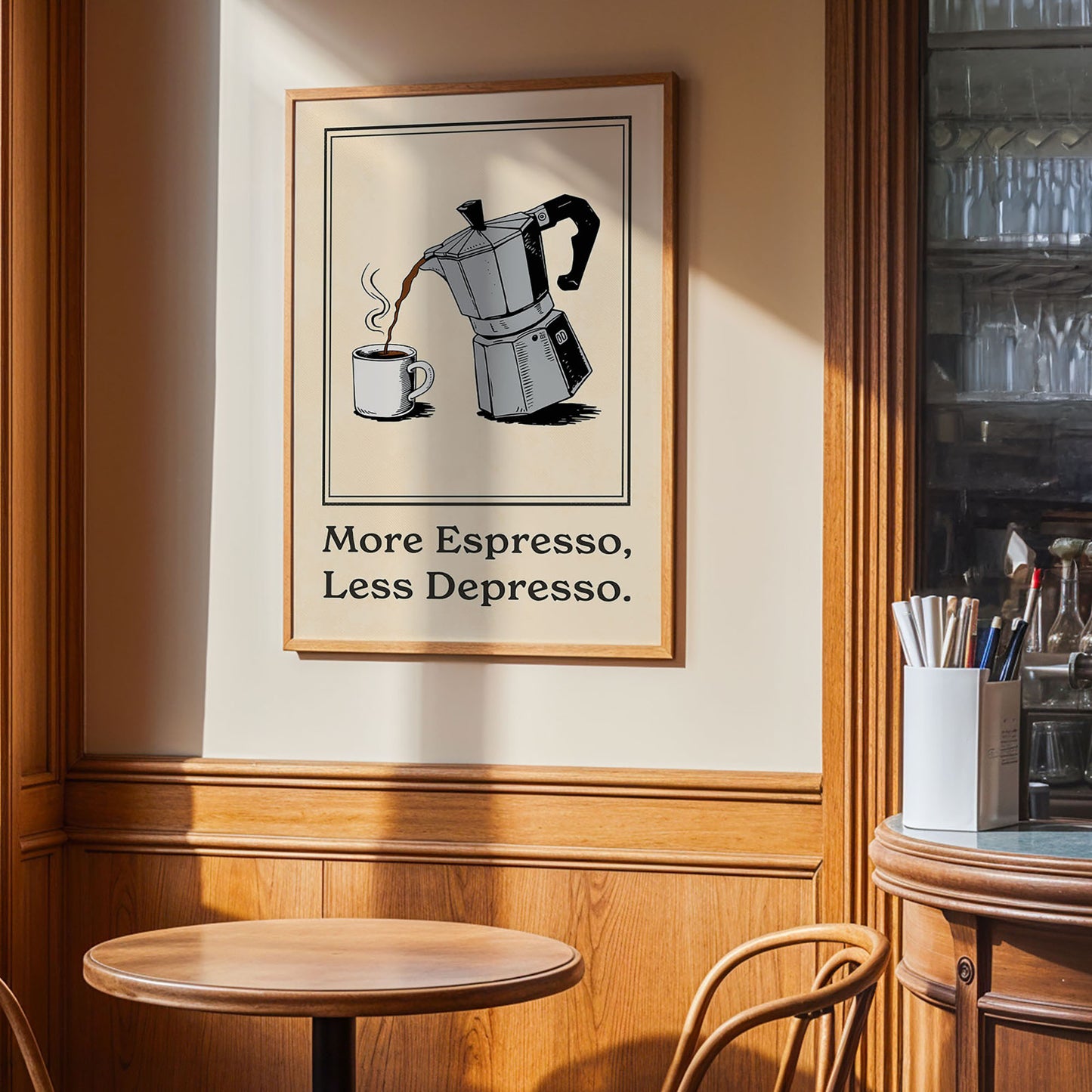 a framed poster with an illustration of a coffee maker pouring coffee into a cup, accompanied by the text "More Espresso, Less Depressso."