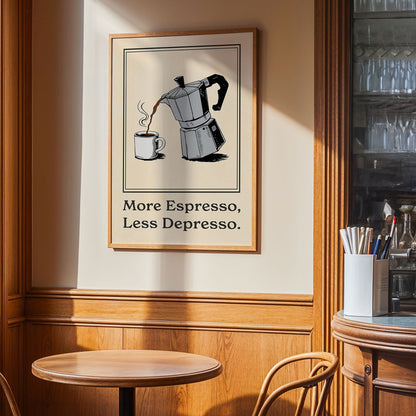 a framed poster with an illustration of a coffee maker pouring coffee into a cup, accompanied by the text "More Espresso, Less Depressso."