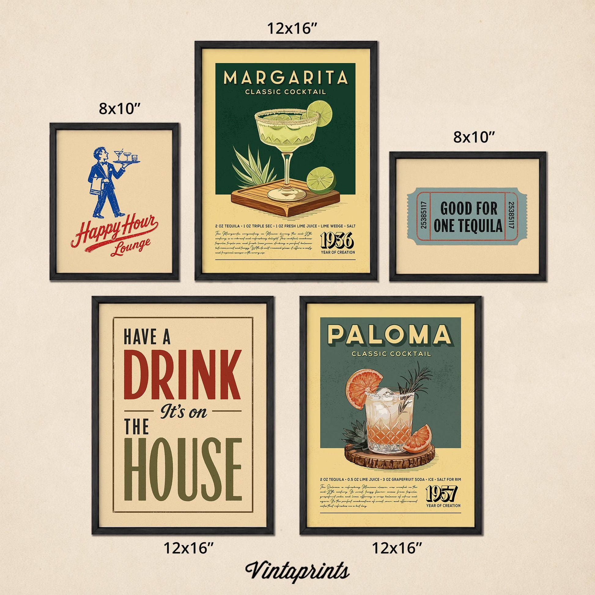 five framed posters or signs advertising different types of drinks, including Margarita, Happy Hour Lounge, Paloma, and Good for One Tequila.