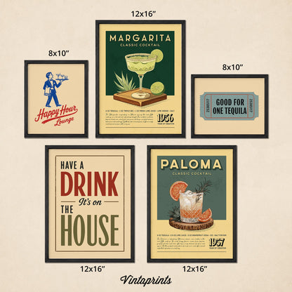 five framed posters or signs advertising different types of drinks, including Margarita, Happy Hour Lounge, Paloma, and Good for One Tequila.