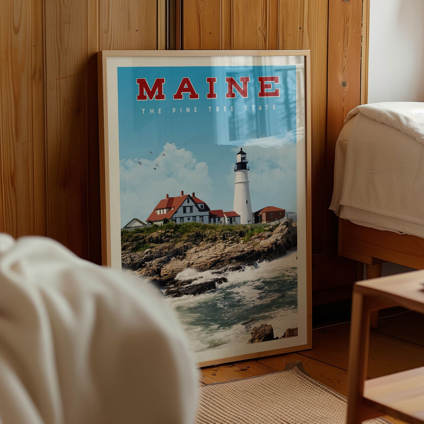 A framed poster of a lighthouse in Maine, with the text "MAINE THE PINE TREE STATE" prominently displayed.