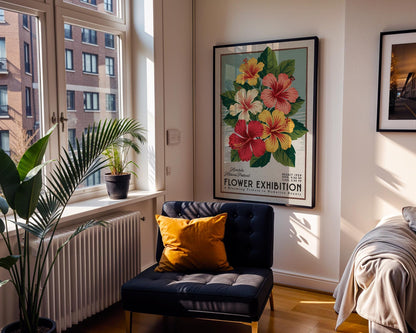 a room with a chair and a poster on the wall