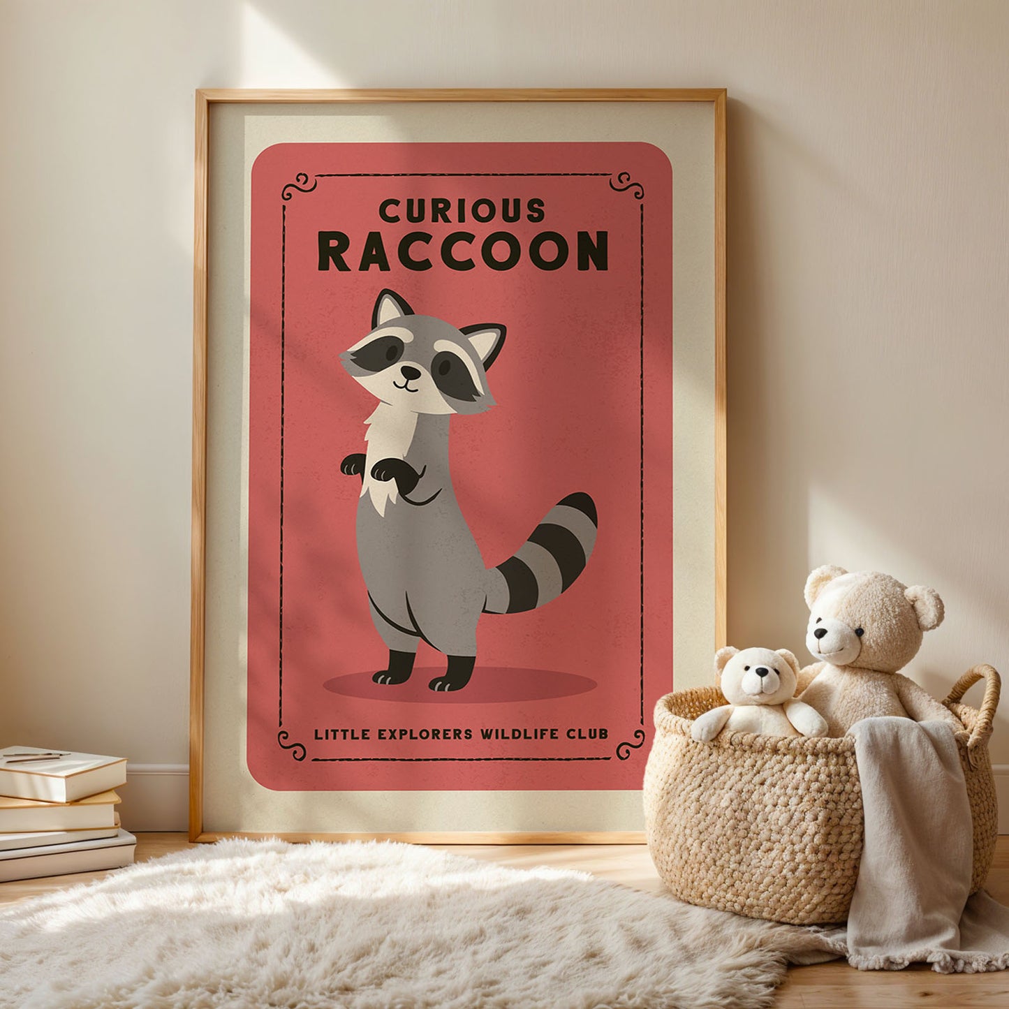 a framed poster of a raccoon, with a basket of stuffed animals next to it, and a rug on the floor.