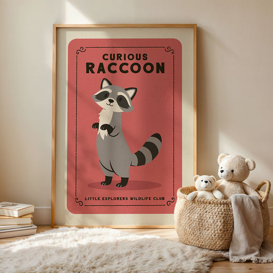 a framed poster of a raccoon, with a basket of stuffed animals next to it, and a rug on the floor.