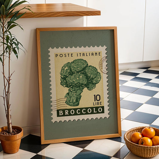a picture of broccoli on a table next to a basket of oranges