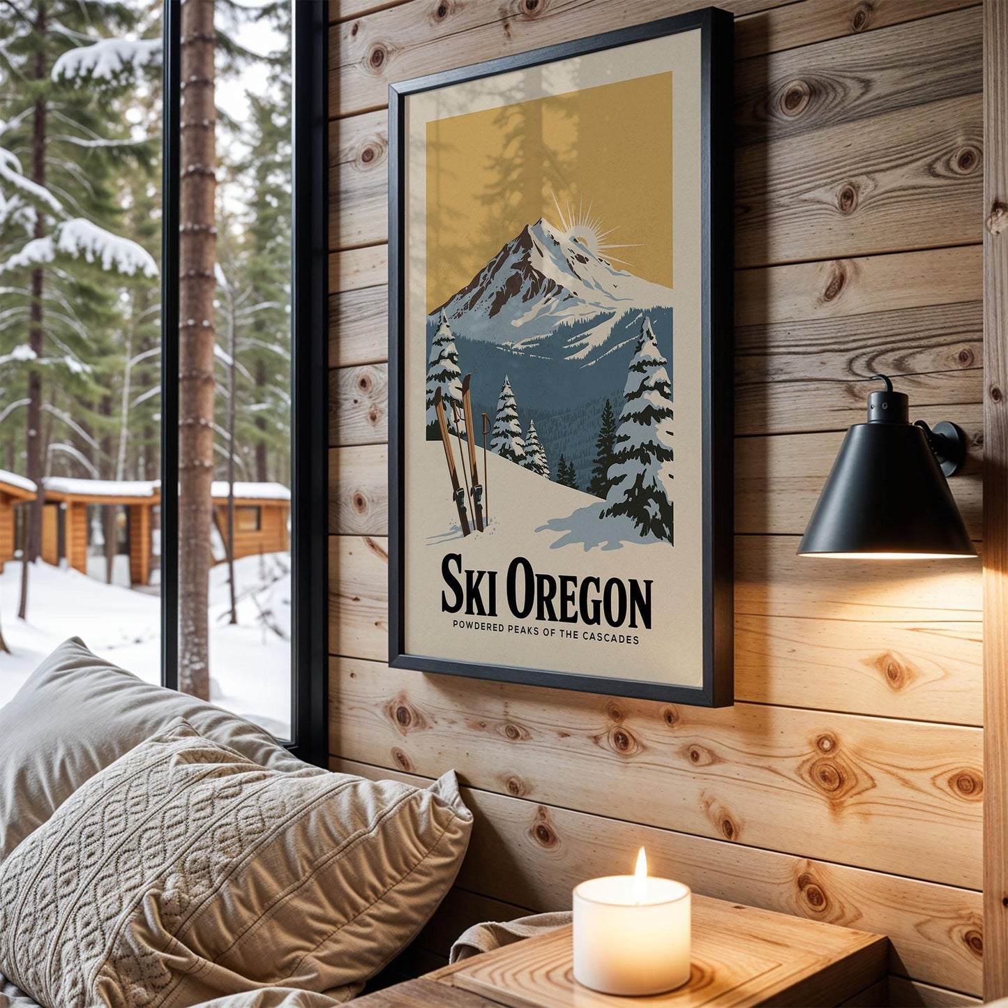 A framed poster of a snowy mountain landscape with the text "Ski Oregon" hangs on a wooden wall, with a cozy wooden chair and a lit candle in the foreground.