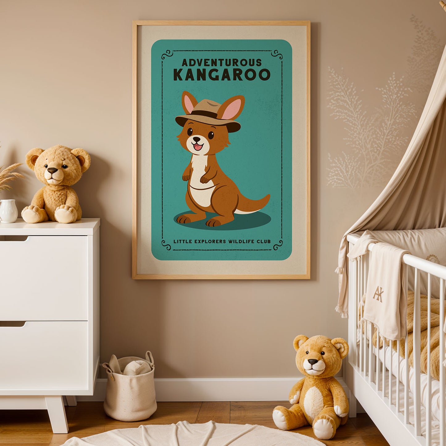 a nursery decorated with a framed poster of a kangaroo, a teddy bear, and a baby crib.