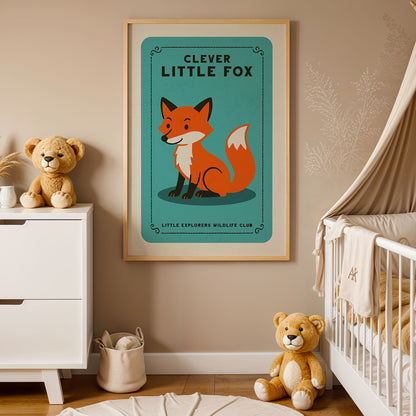 a nursery decorated with a framed poster of a cartoon fox, a teddy bear, and a crib with a baby.
