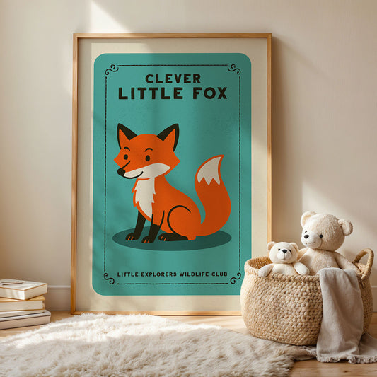 a framed poster of a cartoon fox, with a basket of stuffed animals next to it.
