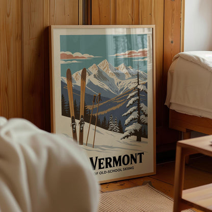 A framed poster of a snowy mountain landscape with skis and ski poles, depicting a winter scene in Vermont.