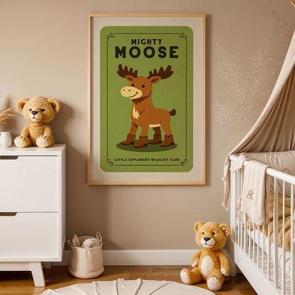a nursery decorated with a framed poster of a moose, a teddy bear, and a crib with a baby.