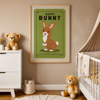 a nursery decorated with a framed poster of a cartoon rabbit, a teddy bear, and a crib with a baby.