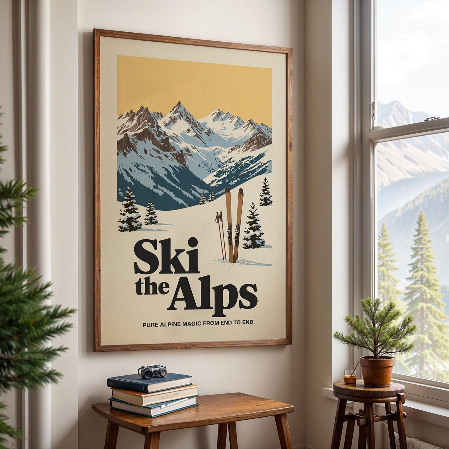 A framed poster of a snowy mountain landscape with ski equipment is displayed on a wall, accompanied by a small table with books and a potted plant.