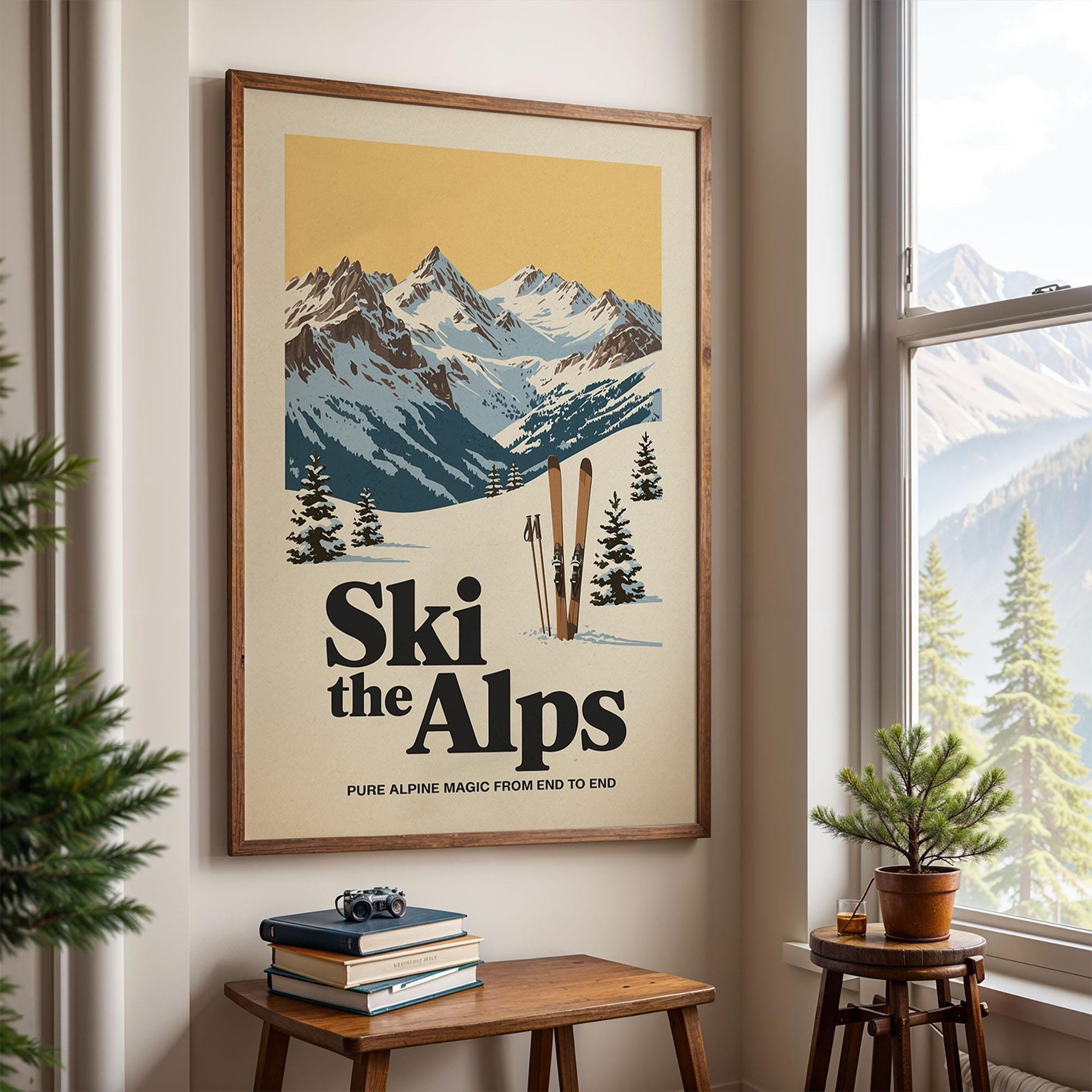A framed poster of a snowy mountain landscape with ski equipment is displayed on a wall, accompanied by a small table with books and a potted plant.