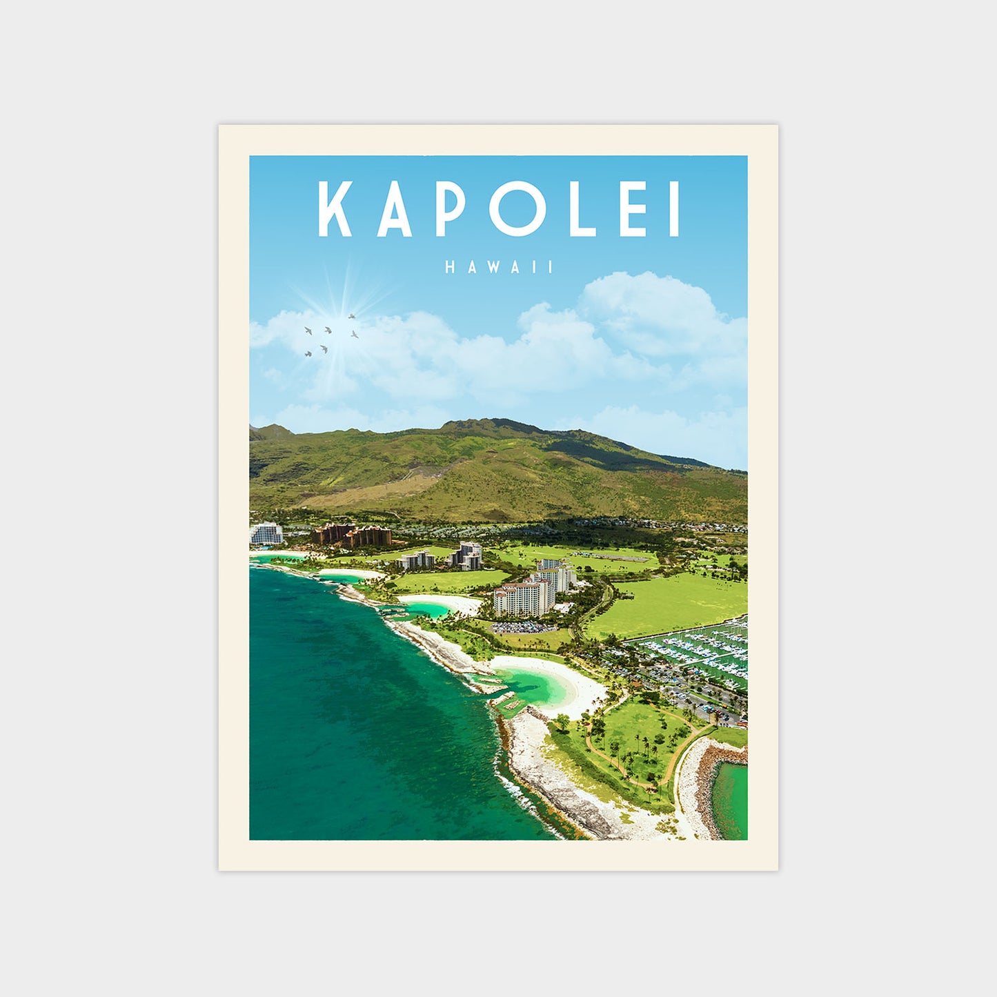 A poster or graphic depicting the scenic landscape of Kapolei, Hawaii, with a mountainous backdrop, lush greenery, and a turquoise ocean.