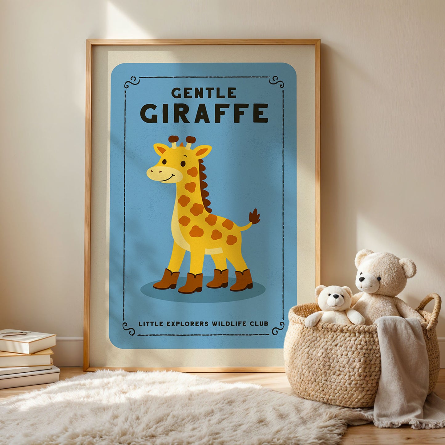 A framed poster of a giraffe with the text "GENTLE GIRaffe" and "LITTLE EXPLORERS WILDLIFE CLUB" is displayed on a wall, accompanied by a basket of stuffed animals and a rug.
