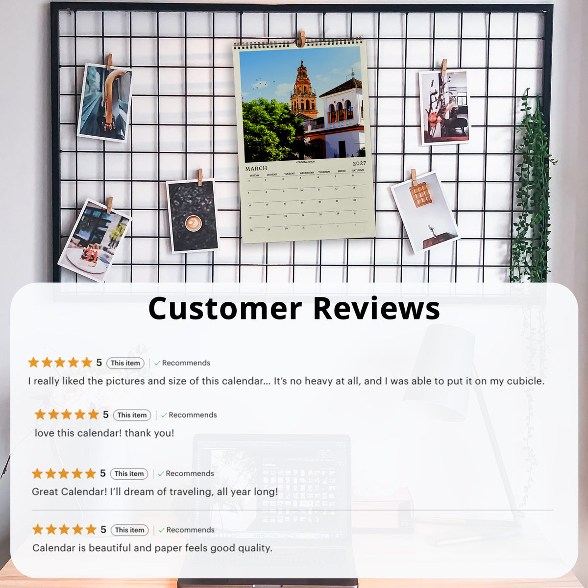 The image is a collage of various pictures and a calendar, with customer reviews posted below it.