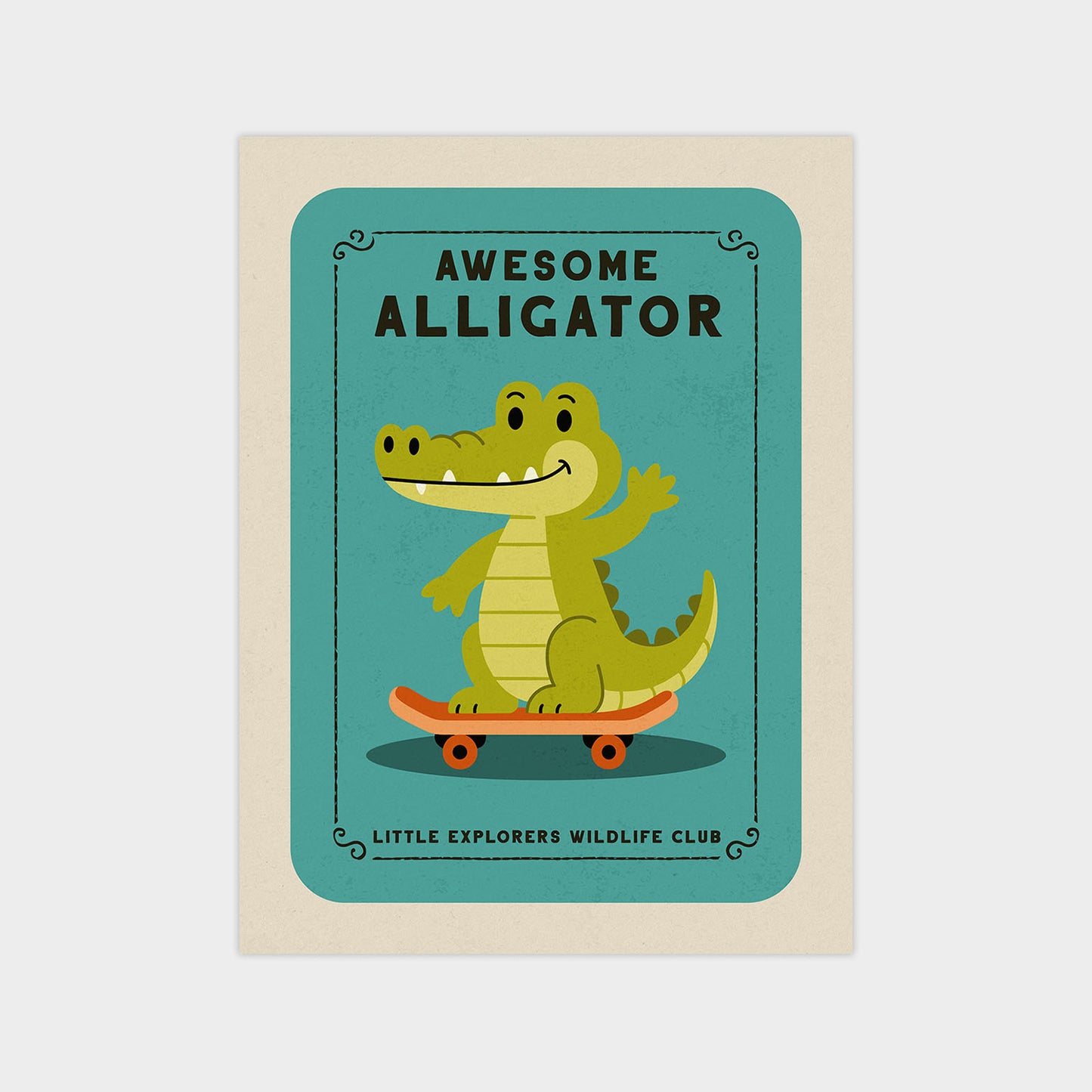 a cartoon alligator riding a skateboard, with the text "AWESOME ALLIGATOR" and "LITTLE EXPLORERS WILDLIFE CLUB" displayed around the image.