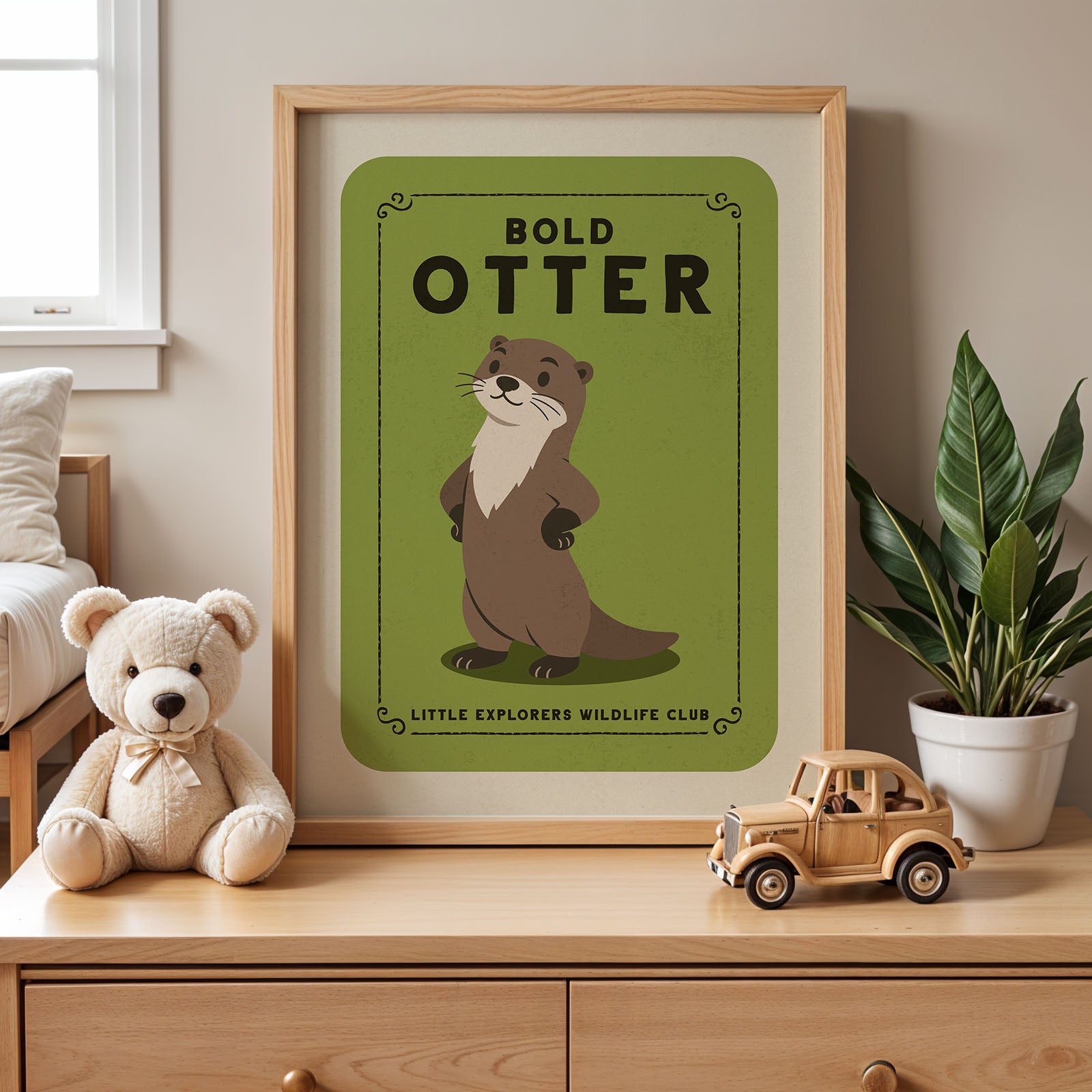 a framed poster of an otter, a stuffed teddy bear, and a toy truck on a wooden dresser.