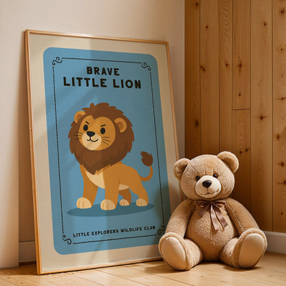 A framed poster of a lion and a teddy bear are displayed on a wooden wall.