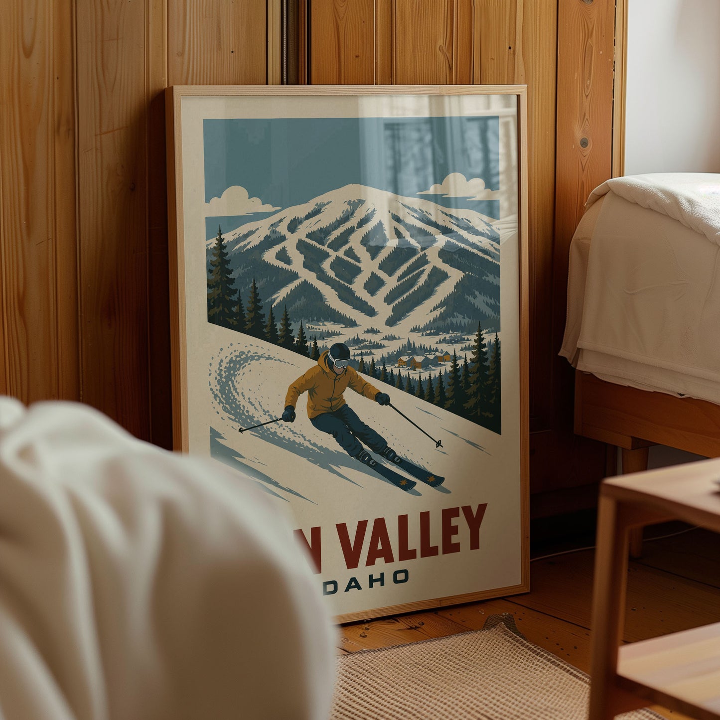 A framed poster of a skier in a snowy mountain landscape, with the text "IN VALLEY DAKOTA" below the image.