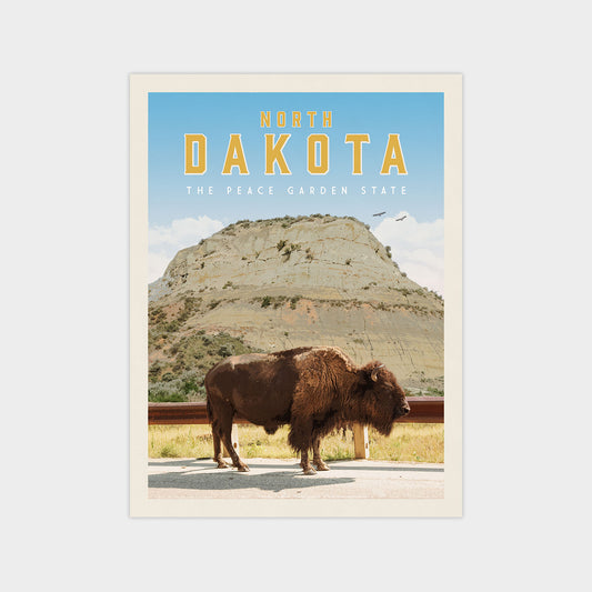 a large bison standing in a grassy field with a mountain in the background.