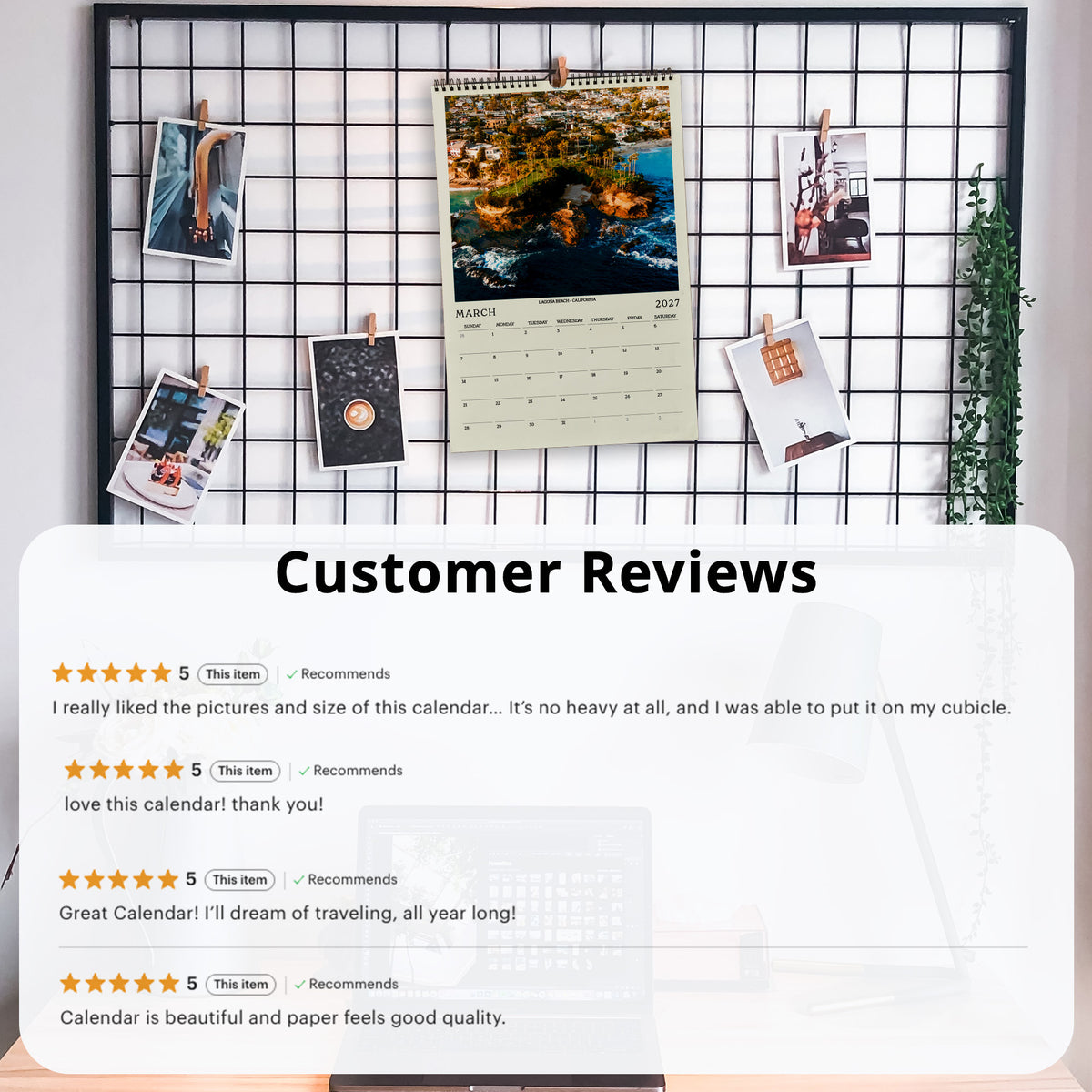 The image is a collage of customer reviews for a calendar, featuring photos of the calendar and various photos of the calendar on a wire grid.