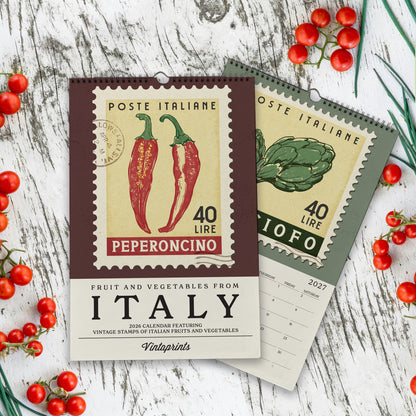 a calendar with a vintage design, featuring illustrations of peppers and tomatoes, and text related to Italian fruits and vegetables.