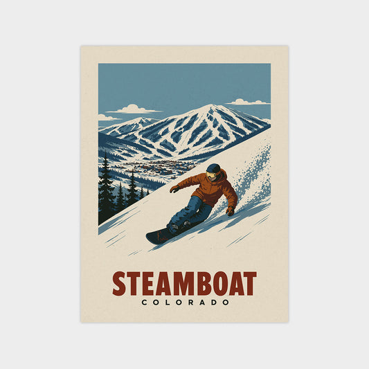 A vintage-style illustration of a snowboarder riding down a snowy mountain slope, with the text "STEAMBOAT COLORADO" prominently displayed.