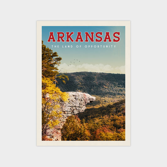 The image is a poster for Arkansas, featuring a scenic landscape with mountains, trees, and a cliff.