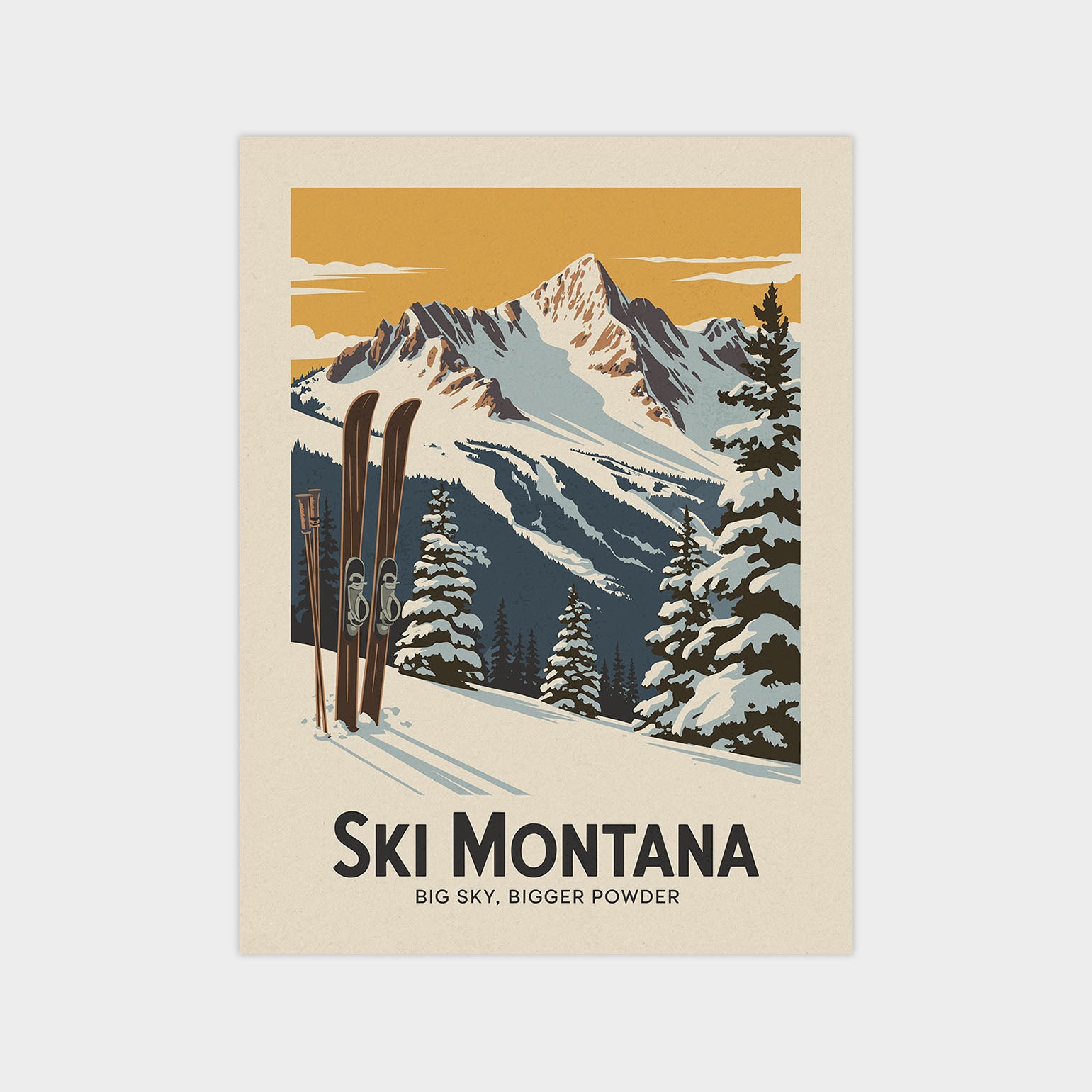 A vintage-style poster depicting a snowy mountain landscape with ski equipment, including skis and poles, in the foreground.