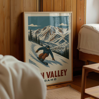 A framed poster of a snowboarder in a snowy mountain landscape, with the text "IN VALLEY DAKOTA" below the image.