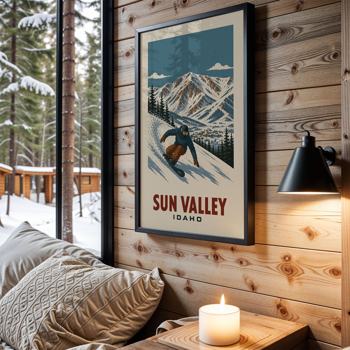 a framed poster of a snowboarder in the Sun Valley, Idaho, with a snowy mountain landscape in the background. The poster is hanging on a wooden wall, and there is a candle on a wooden nightstand next to it.