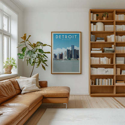 a cozy living room with a large window, a comfortable leather couch, a bookshelf filled with books, and a framed poster of Detroit's skyline hanging on the wall.
