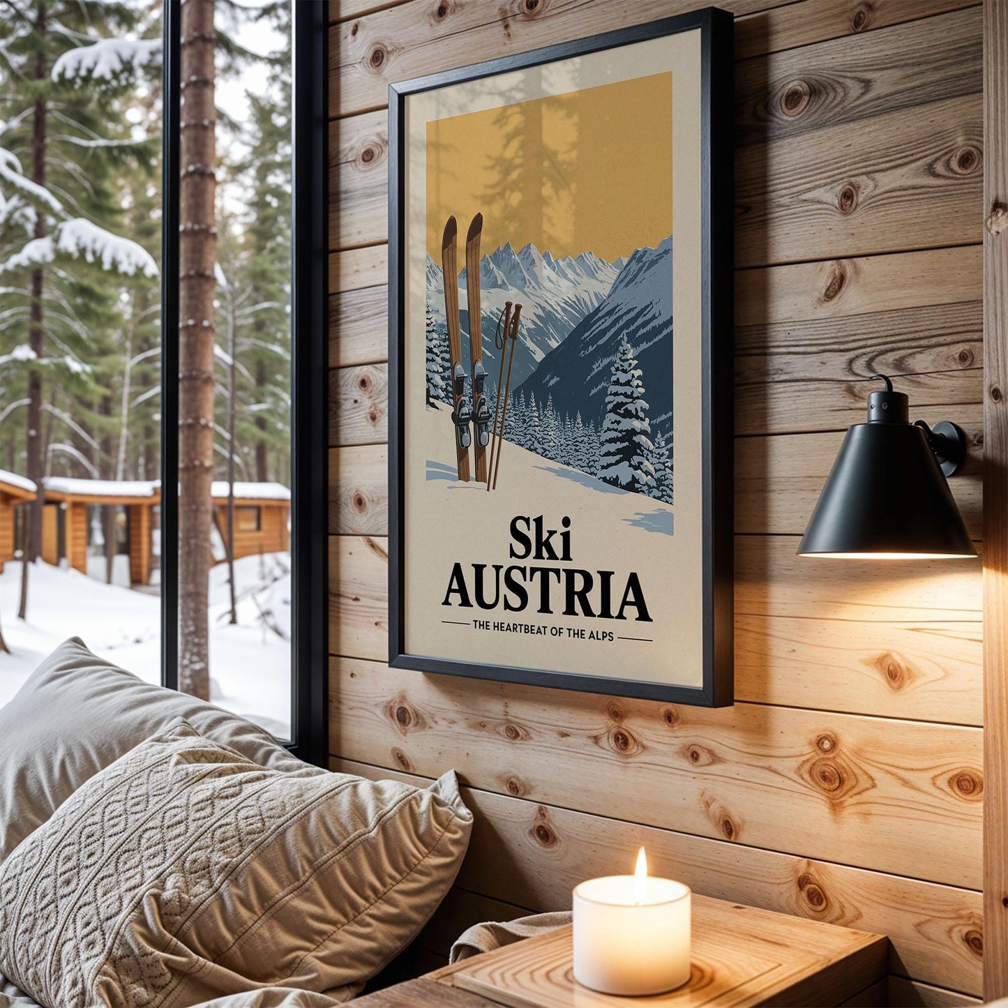 A framed poster of a snowy mountain landscape with skis hangs on a wooden wall, accompanied by a lit candle and a cozy couch in a cabin-like setting.